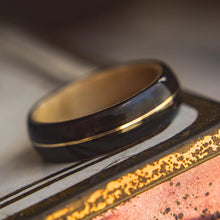 Load image into Gallery viewer, Mens Wedding band featuring Birds Eye Maple, Ebony with Brass Inlay. - ringandgrove