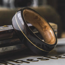 Load image into Gallery viewer, Mens Wedding band featuring Birds eye Maple, Ebony, Guitar string inlay. - ringandgrove