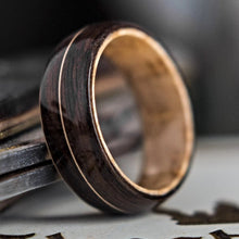 Load image into Gallery viewer, Mens Wedding band featuring Birds eye Maple, Ebony, Guitar string inlay. - ringandgrove