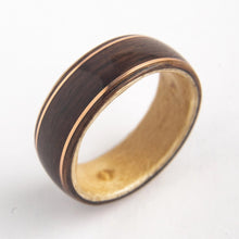 Load image into Gallery viewer, Mens Wedding band featuring Birds Eye Maple, Rosewood with Dual Copper Inlays
