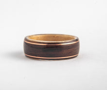 Load image into Gallery viewer, Mens Wedding band featuring Birds Eye Maple, Rosewood with Dual Copper Inlays