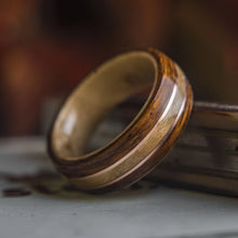 Load image into Gallery viewer, Mens Wedding Band featuring Birds Eye Maple, Rosewood and Copper inlay - ringandgrove