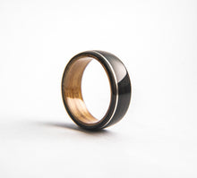 Load image into Gallery viewer, Mens Wedding band featuring Whisky Oak, Ebony with Offset Silver Inlay.