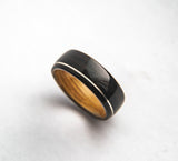 Mens Wedding band featuring Whisky Oak, Ebony with Offset Silver Inlay.