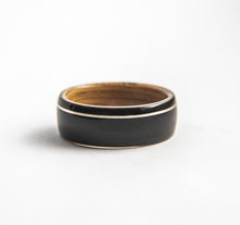 Load image into Gallery viewer, Mens Wedding band featuring Whisky Oak, Ebony with Offset Silver Inlay.