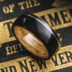 Mens Wedding band featuring Whisky Oak, Ebony with Offset Silver Inlay.