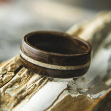 Load image into Gallery viewer, Mens Wedding band featuring Ancient Bog Oak with Woolly Mammoth Tusk inlay.