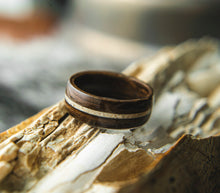 Load image into Gallery viewer, Mens Wedding band featuring Ancient Bog Oak with Woolly Mammoth Tusk inlay.