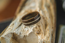Load image into Gallery viewer, Mens Wedding band featuring Ancient Bog Oak with Woolly Mammoth Tusk inlay.