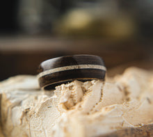 Load image into Gallery viewer, Mens Wedding band featuring Ancient Bog Oak with Woolly Mammoth Tusk inlay.