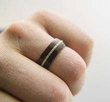 Load image into Gallery viewer, Mens Wedding band featuring Ancient Bog Oak with Woolly Mammoth Tusk inlay.