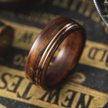 Load image into Gallery viewer, Mens wedding band made from santos rosewood with Double Offset Copper.