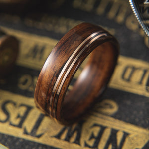 Mens wedding band made from santos rosewood with Double Offset Copper.