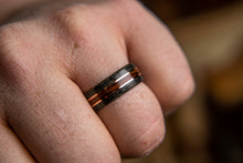 Load image into Gallery viewer, The Jack, Mens Wedding band  featuring Rosewood, Grey Maple with Dual Copper inlay
