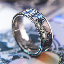 Carica l'immagine nel visualizzatore di Gallery, Mens Wedding band in Damascus Steel and Legal Tender Feat. KingsWildProject luxury playing cards.