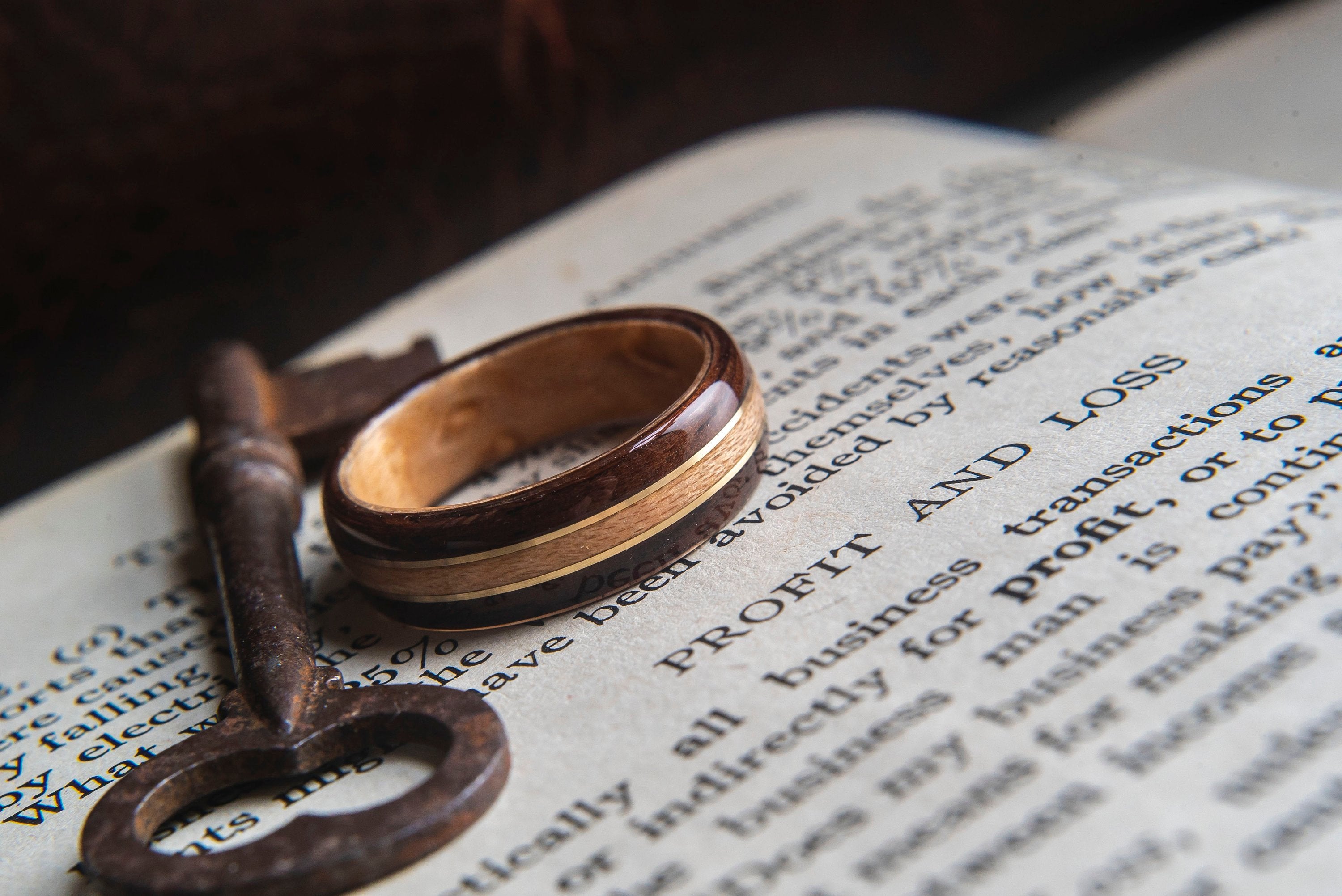 Mens Wedding Band with Birds Eye Maple, Ebony and Copper Inlay