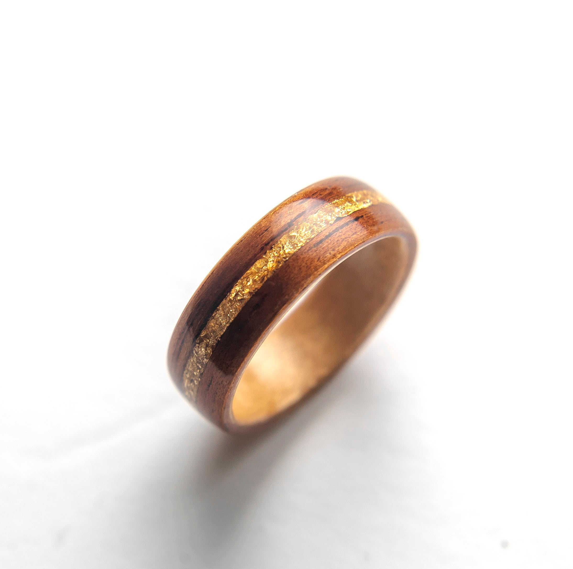Mens Wedding Band featuring Birds Eye Maple, Koa with Gold Flake Inlay.