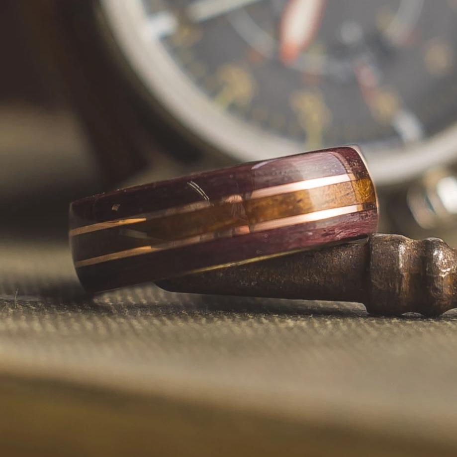 Mens Wedding band featuring Koa, Purple heart with Copper inlays
