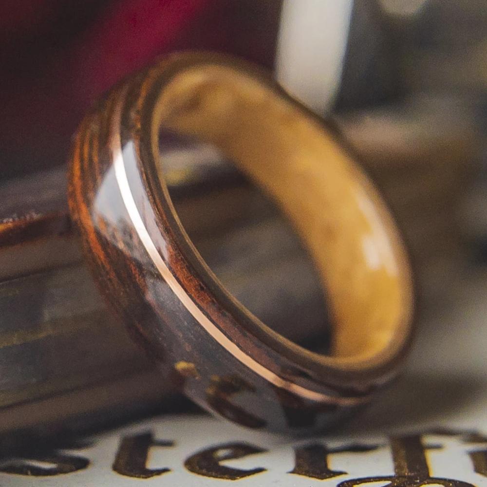 Mens Wedding Band featuring Birds Eye Maple, Rosewood with Offset Copper.