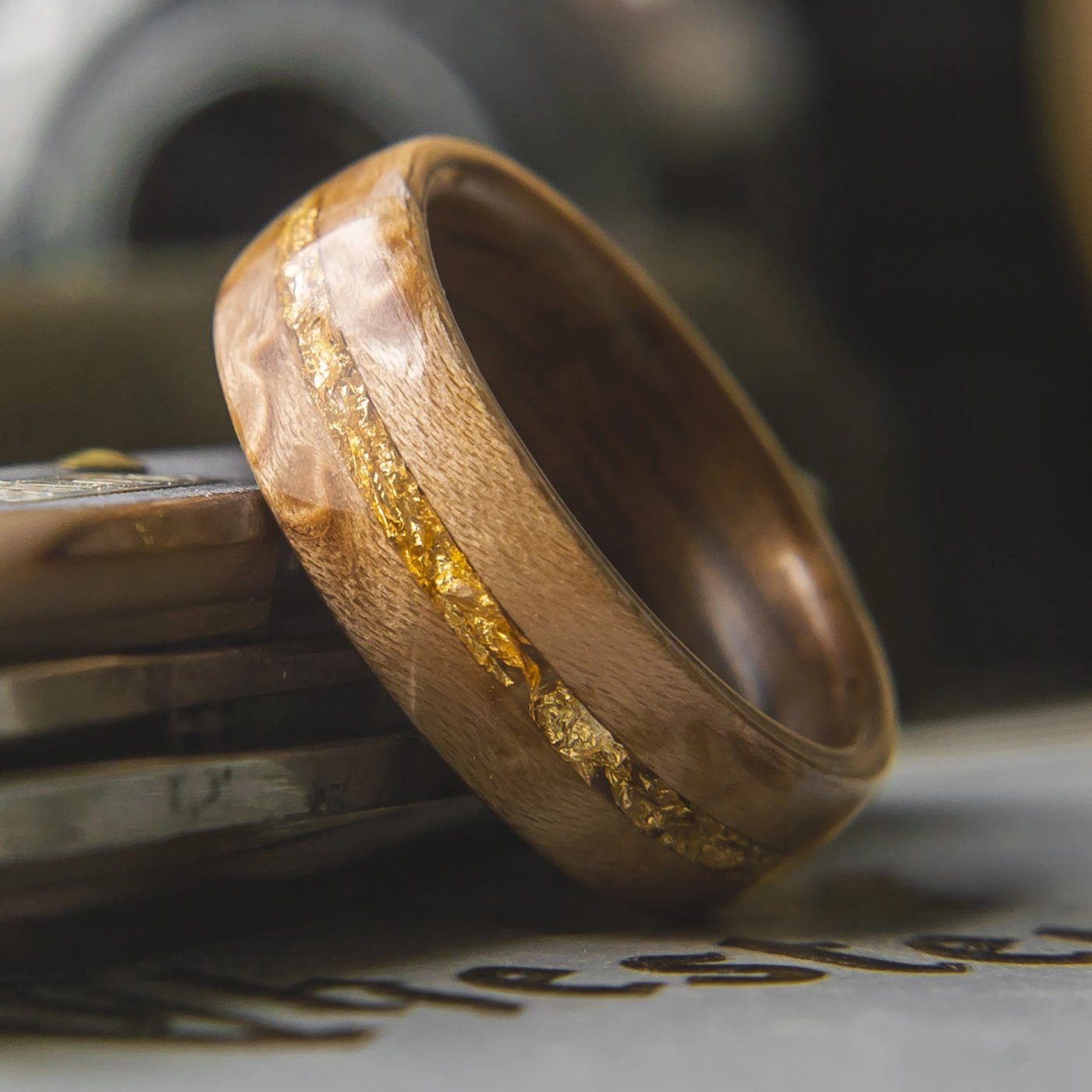 Mens Wedding Band featuring Koa with Birds eye Maple with Gold Flake Inlay.