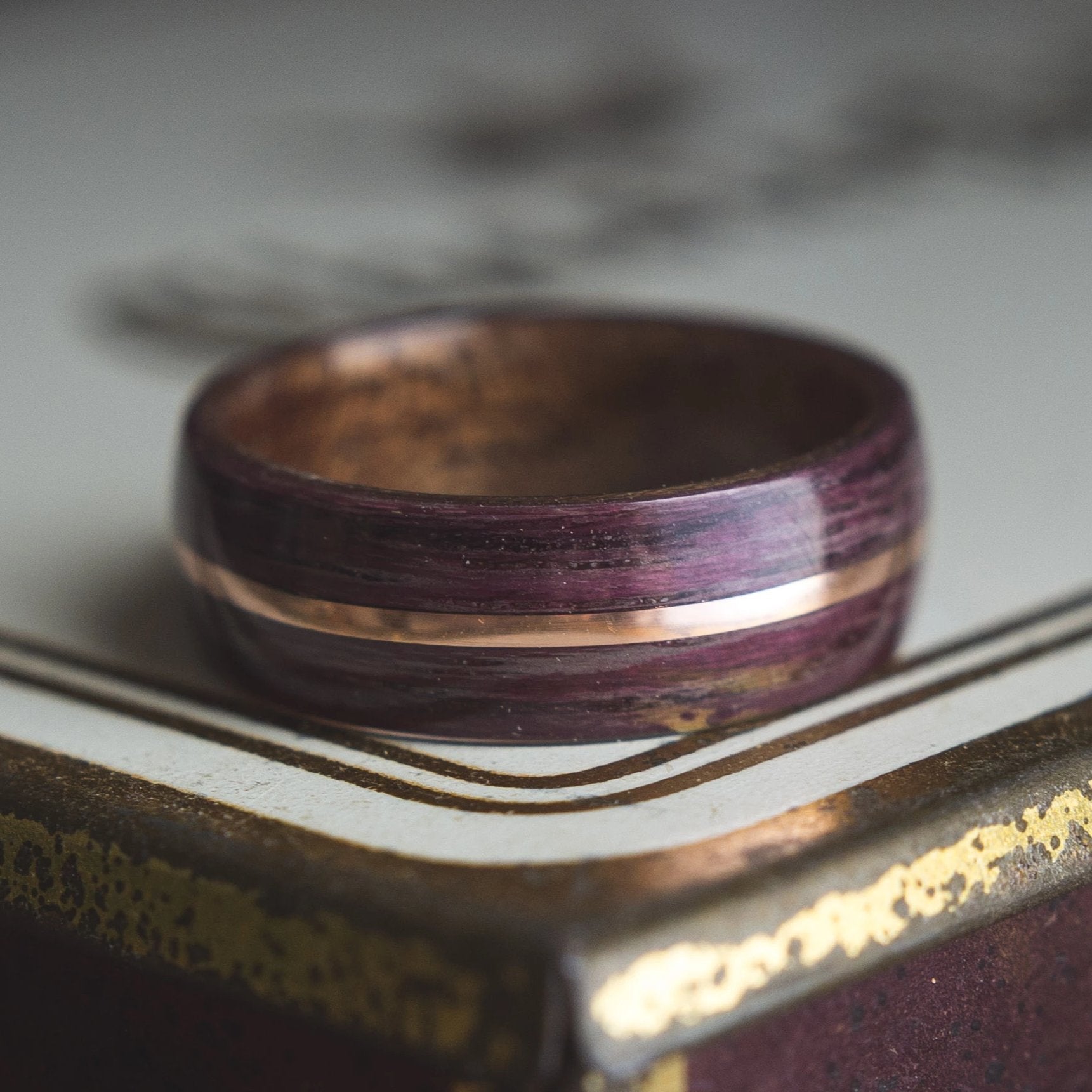 Mens Wedding band featuring Mahogany, Purple Heart with Copper inlay.