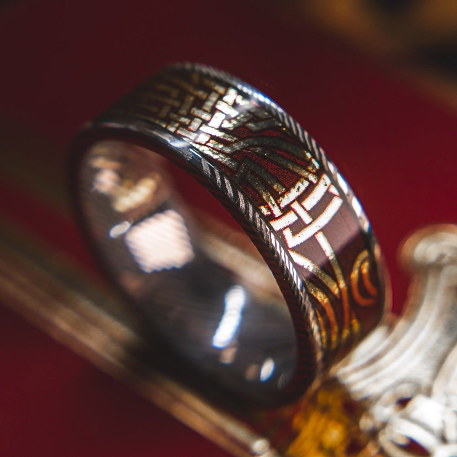 Mens Wedding band in Damascus Steel and Arthurian Card Deck by KingsWildProject luxury playing cards.