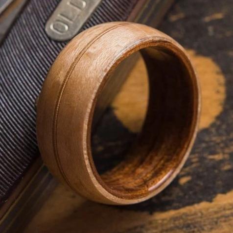 Mens Wedding Band featuring Koa, Birds Eye Maple with Guitar String Inlay.
